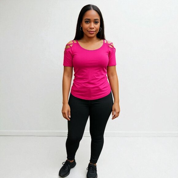 Solid Off Shoulder Top With Strappy Cut Sleeve - Picture 5 of 5